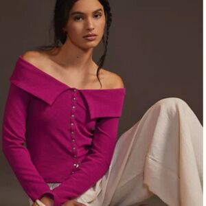 Anthro-Maeve Off Shoulder Collared Snapfront Top, Sz Large